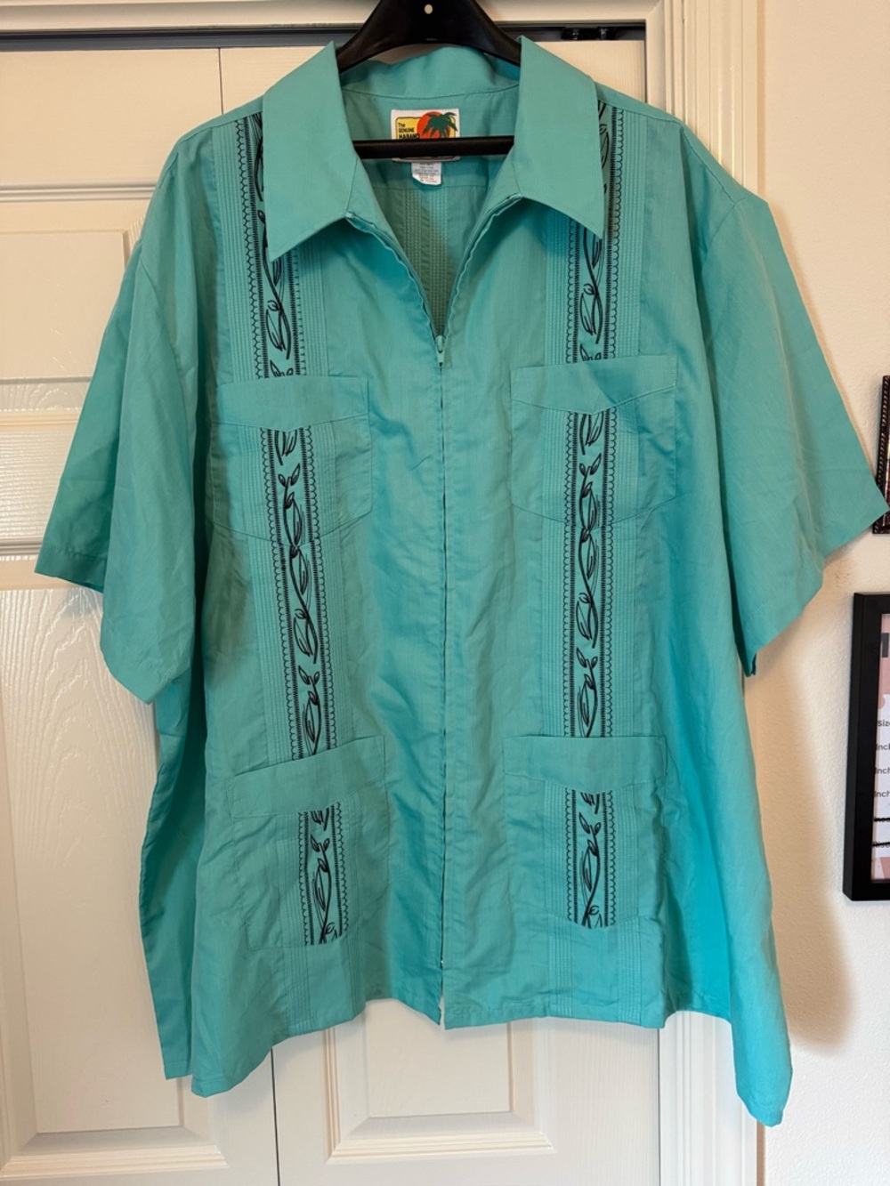 Guayabera Shirt Mens 4XL Aqua Blue Full-Zip Embroidered Cuban Haband 4 Pocket